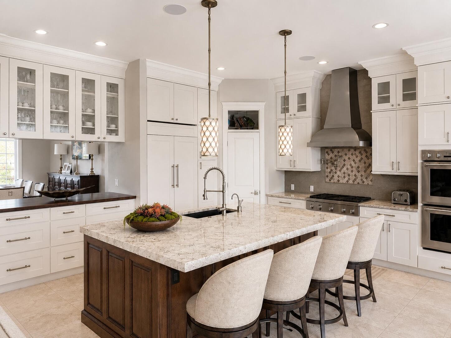 White kitchen with a stone island, cream counter stools and lantern pendants